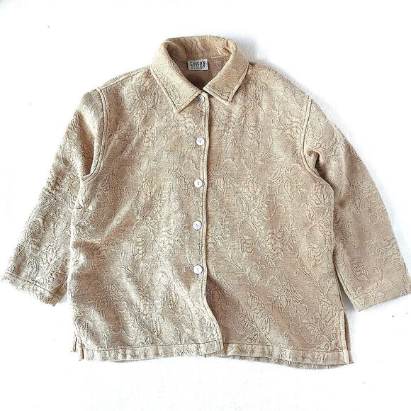 Chico's Top Beige Floral Jacquard XL Women's Vintage Boho Chic Crop Chore Coat - Picture 1 of 9